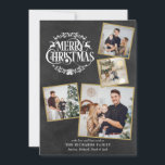 Merry Christmas 4 Photo Collage Chalkboard Holiday Card<br><div class="desc">A boho 4 photo collage holiday design for you to personalise with your favourite photos framed in gold,  message,  names and year on a chalkboard background. The reverse features falling snowflakes on a matching chalkboard background. Designed by Thisisnotme©</div>