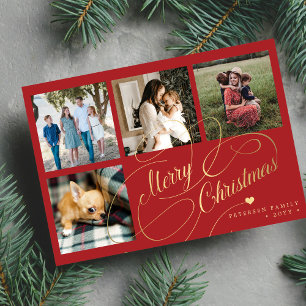 Merry Christmas 4 photo collage elegant script Holiday Card