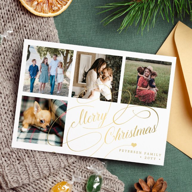 Merry Christmas 4 photo collage elegant script Holiday Card (Creator Uploaded)