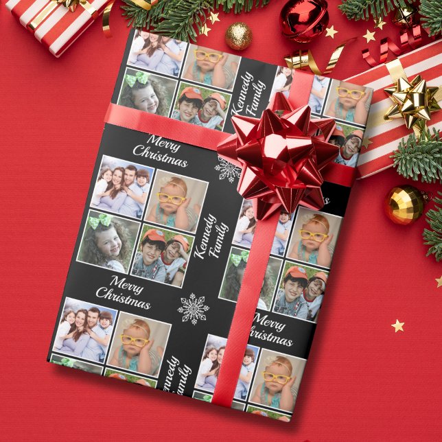 Merry Christmas 4 Photo Collage Family Name Black Wrapping Paper (Creator Uploaded)