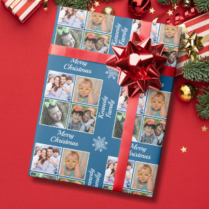 Merry Christmas 4 Photo Collage Family Name Blue Wrapping Paper