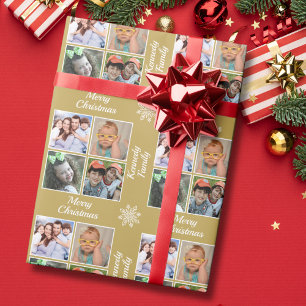 Merry Christmas 4 Photo Collage Family Name Gold Wrapping Paper