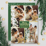 Merry Christmas 4 Photo Collage Gold<br><div class="desc">Real foil Christmas greeting cards feature your last name and the greeting Merry Christmas and Happy New Year in chic real gold foil lettering on green with your favorite 4 photo collage bordered in real foil on the front and your first names on the back. The Live Design Service can...</div>