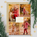 Merry Christmas 4 Photo Collage Gold<br><div class="desc">Real foil Christmas greeting cards feature your last name and the greeting Merry Christmas and Happy New Year in chic real gold foil lettering with your favorite 4 photos bordered in real foil on the front and your first names on the back. The Live Design Service can help you with...</div>