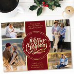 Merry Christmas 4 Photo Collage Red and Gold<br><div class="desc">Personalise this luxury gold foil Christmas card with four of your favourite photos. The template is set up ready for you to add your four photos and, it also has two sections for your greetings and your names. The centre of the card has the wording "Merry Christmas" in a traditional...</div>