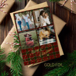Merry Christmas 4 photo collage script red tartan<br><div class="desc">Elegant stylish Merry Christmas real gold foil classic calligraphy script four square family photos rustic red green plaid tartan luxury holiday card with your custom personalised text on both sides.     The foil colour is changeable - you can choose gold,  silver,  or rose gold.</div>