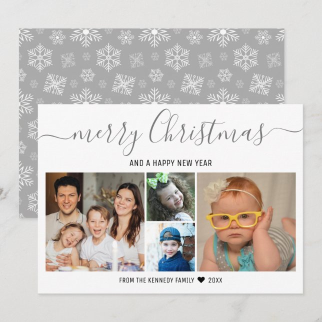 Merry Christmas 4 Photo Collage Silver Snowflakes Holiday Card (Front/Back)