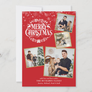 Merry Christmas 4 Photo Collage Snowflakes Holiday Card