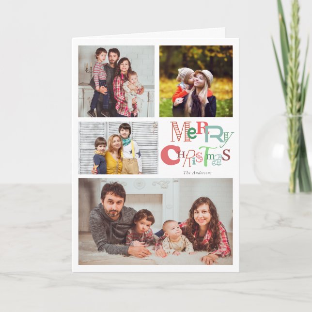 Merry Christmas 4 Photo Collage Typography Cute Holiday Card (Front)