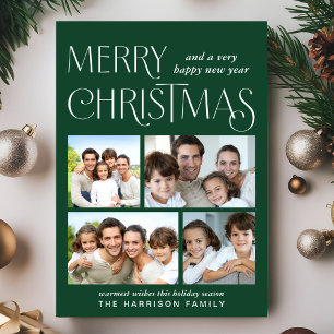 Merry Christmas 4 Photo Green Holiday Card