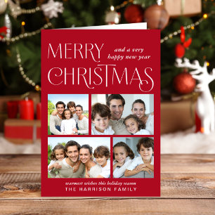 Merry Christmas 4 Photo Red Holiday Card