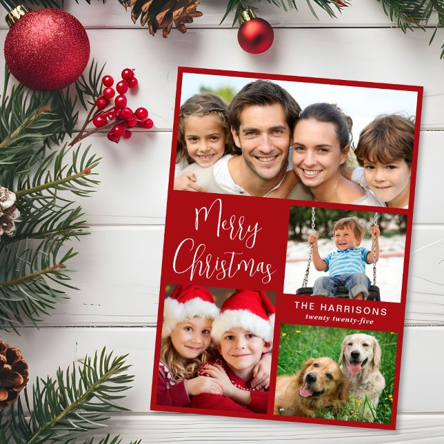 Merry Christmas 4 Photo Red Holiday Card (Share the love and warmth of the season with your personalized photo Christmas card)