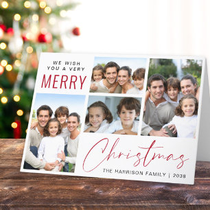 Merry Christmas 4 Photo Red Script Holiday Card