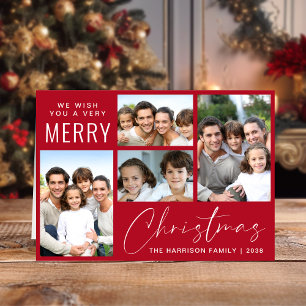 Merry Christmas 4 Photo Script Red Holiday Card
