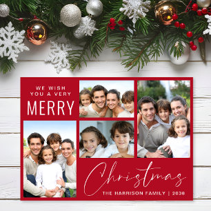 Merry Christmas 4 Photo Script Red Holiday Card