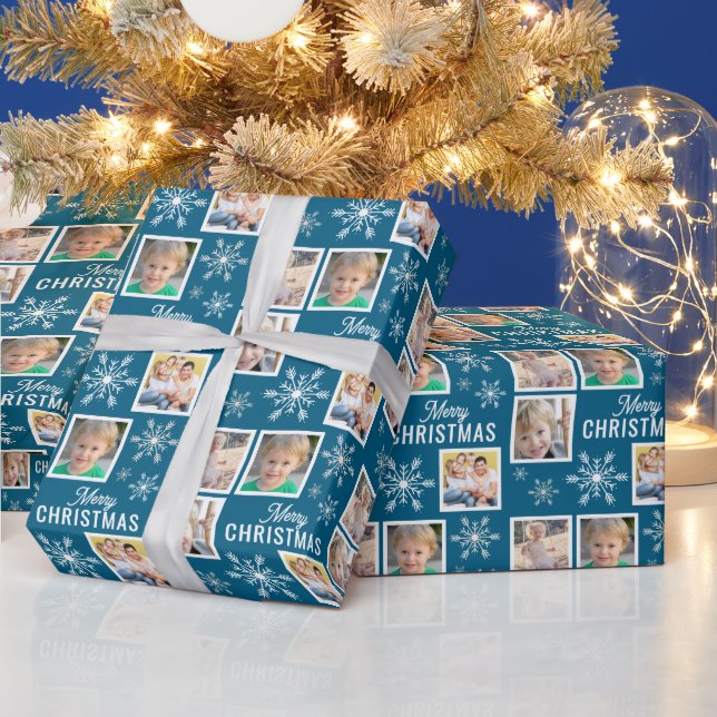 Merry Christmas 4 Photos Snowflake Christmas Blue Wrapping Paper (Holidays)