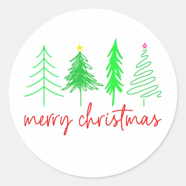 Merry Christmas - 4 Trees Classic Round Sticker (Front)