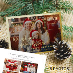 Merry Christmas 5 photo collage gold<br><div class="desc">Simple minimal stylish five custom family photos "Merry Christmas and A Happy New Year" (changeable) typography script text overlay horizontal Christmas holiday card template with a real gold foil frame and snowflakes. Easy to personalise with your pictures, text, name signature, and wishes on both sides! Please note that the foil...</div>