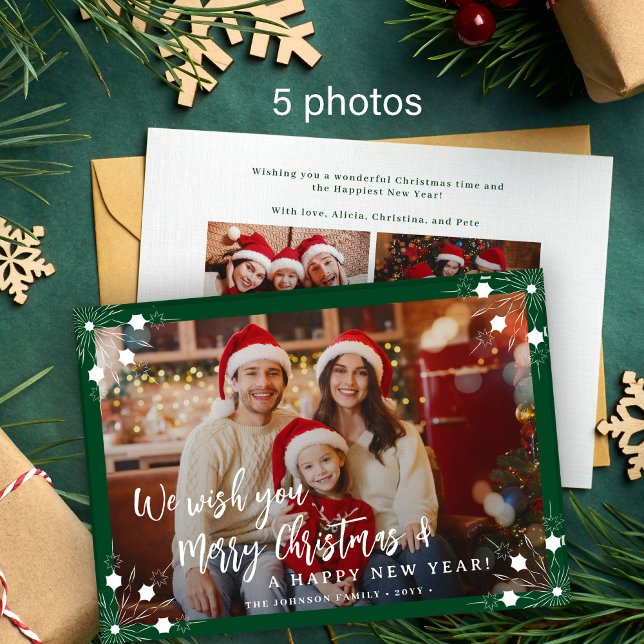 Merry Christmas 5 photo collage green Holiday Card (Creator Uploaded)