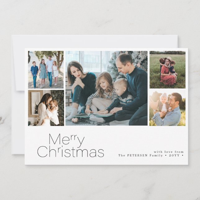 Merry Christmas 5 photo collage modern Holiday Card (Front)