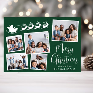 Merry Christmas 5 Photo Santa Sleigh Green Holiday Card