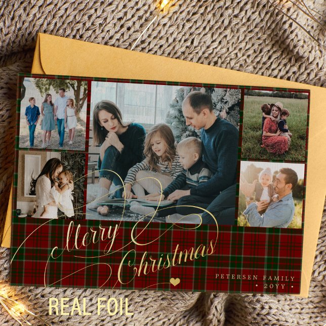 Merry Christmas 5 photos elegant script red plaid  (Creator Uploaded)
