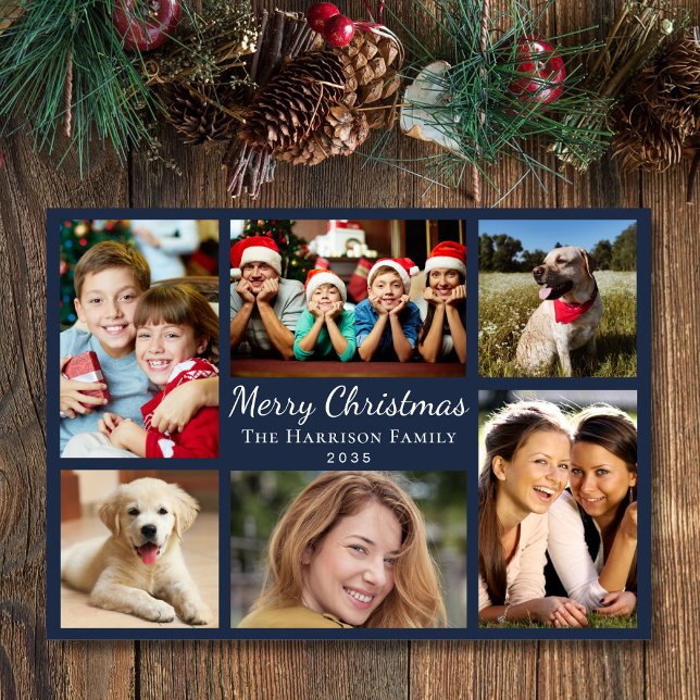 Merry Christmas 6 Photo Collage Blue Holiday Card (This holiday season, let your family's smiles and heartwarming memories shine on our 6 photo card)