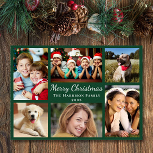 Merry Christmas 6 Photo Collage Green Holiday Card
