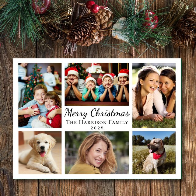 Merry Christmas 6 Photo Collage Holiday Card (This holiday season, let the magic of your cherished moments unfold with our 6 photo Christmas card)