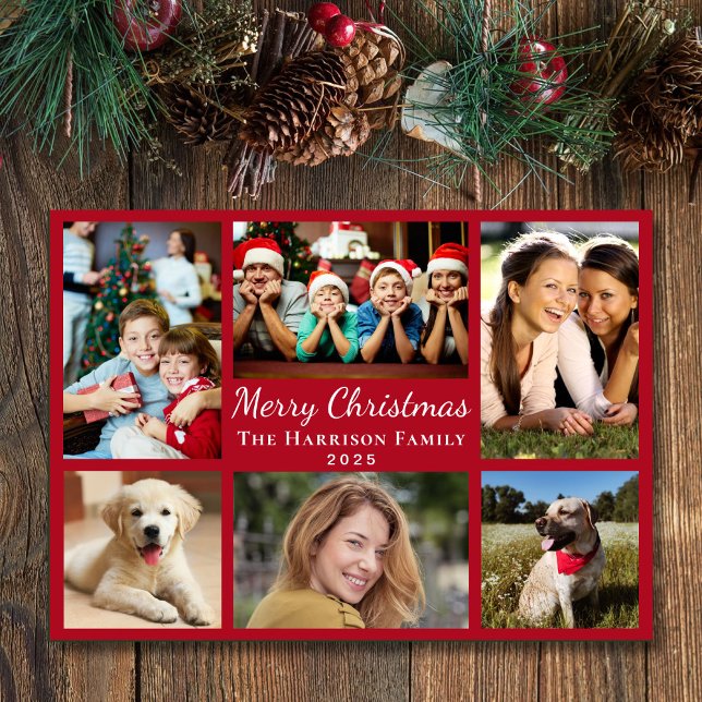 Merry Christmas 6 Photo Collage Red Holiday Card (This holiday season, let your family's smiles and heartwarming memories shine on our 6 photo card)