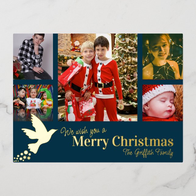 Merry Christmas 6 photos blue flying dove Foil Holiday Postcard (Front)