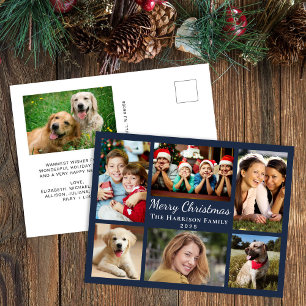Merry Christmas 7 Photo Collage Blue Holiday Postcard