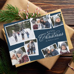 Merry Christmas 7 photo collage navy blue elegant Holiday Card<br><div class="desc">This seven-photo holiday card features an elegant Merry Christmas type treatment and room for custom text. The collage of photos makes it a perfect family Christmas card for sharing the year's highlights or the best of a family photo session. The navy blue and white colors are festive and the variety...</div>