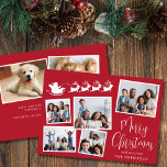 Merry Christmas 7 Photo Collage Santa Sleigh Holiday Card<br><div class="desc">Festive red holiday card featuring a 7 photo collage of scattered pictures in white frames,  a white silhouette of reindeers flying Santa's sleigh,  "Merry Christmas" in a stylish white script and your name in simple modern white typography. Add 2 photos on the back and a personalised message.</div>