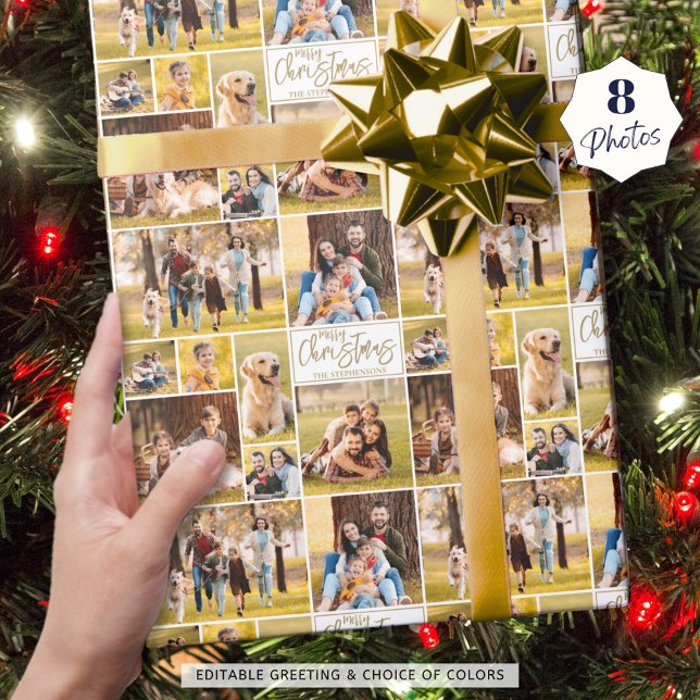 Merry Christmas 8 Photo Collage Gold Personalised Wrapping Paper (Creator Uploaded)