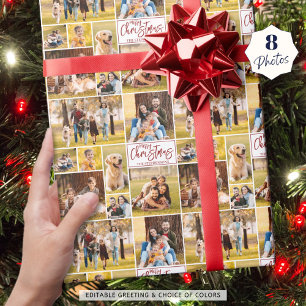 Merry Christmas 8 Photo Collage Red Personalised Wrapping Paper