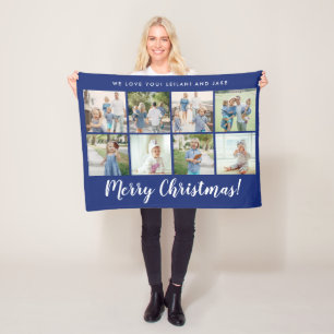 Merry Christmas 8 Photo Custom Message Navy Fleece Blanket