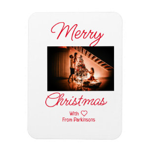 Merry Christmas add family name photo red simple m Magnet