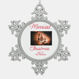Merry Christmas add family name photo red simple m Snowflake Pewter Christmas Ornament