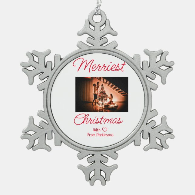 Merry Christmas add family name photo red simple m Snowflake Pewter Christmas Ornament (Front)