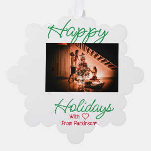 Merry Christmas add family name photo red simple m Tree Decoration Card