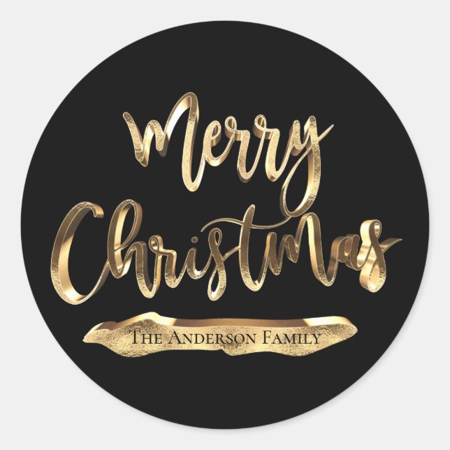 Merry Christmas Add Name or Text Black and Gold Classic Round Sticker (Front)
