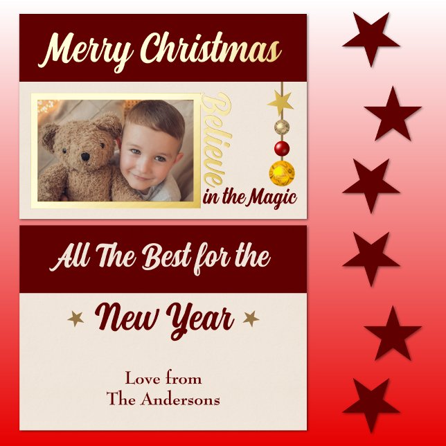 Merry Christmas add photo baubles stars burgundy (Creator Uploaded)