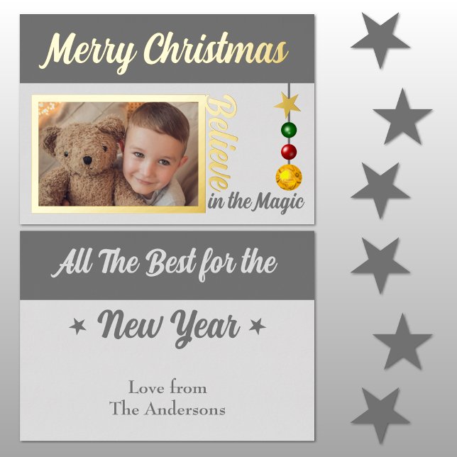 Merry Christmas add photo baubles stars grey real (Creator Uploaded)