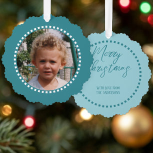 Merry Christmas add photo family name blue Tree Decoration Card