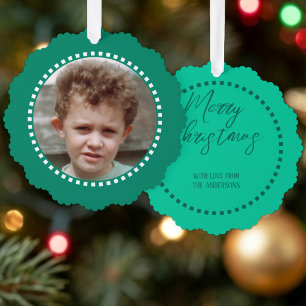 Merry Christmas add photo family name green Tree Decoration Card