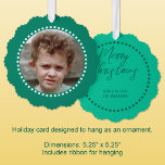 Merry Christmas add photo family name green Tree Decoration Card<br><div class="desc">Personalise this 'Merry Christmas' ornament card with a photo on the front and your family name on the back.
Comes with a convenient ribbon for hanging,  making them easy to display and enjoy.
Green and white.</div>