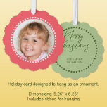 Merry Christmas add photo family name pink Tree Decoration Card<br><div class="desc">Personalise this 'Merry Christmas' ornament card with a photo on the front and your family name on the back.
Comes with a convenient ribbon for hanging,  making them easy to display and enjoy.
Pink and green.</div>