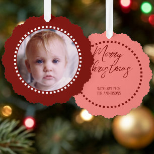 Merry Christmas add photo family name red Tree Decoration Card