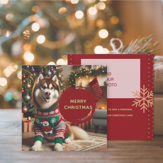 Merry Christmas Add Up To 2 Photos Greeting Card (The front and back of the Siberian Husky Christmas Holiday photo greeting card)